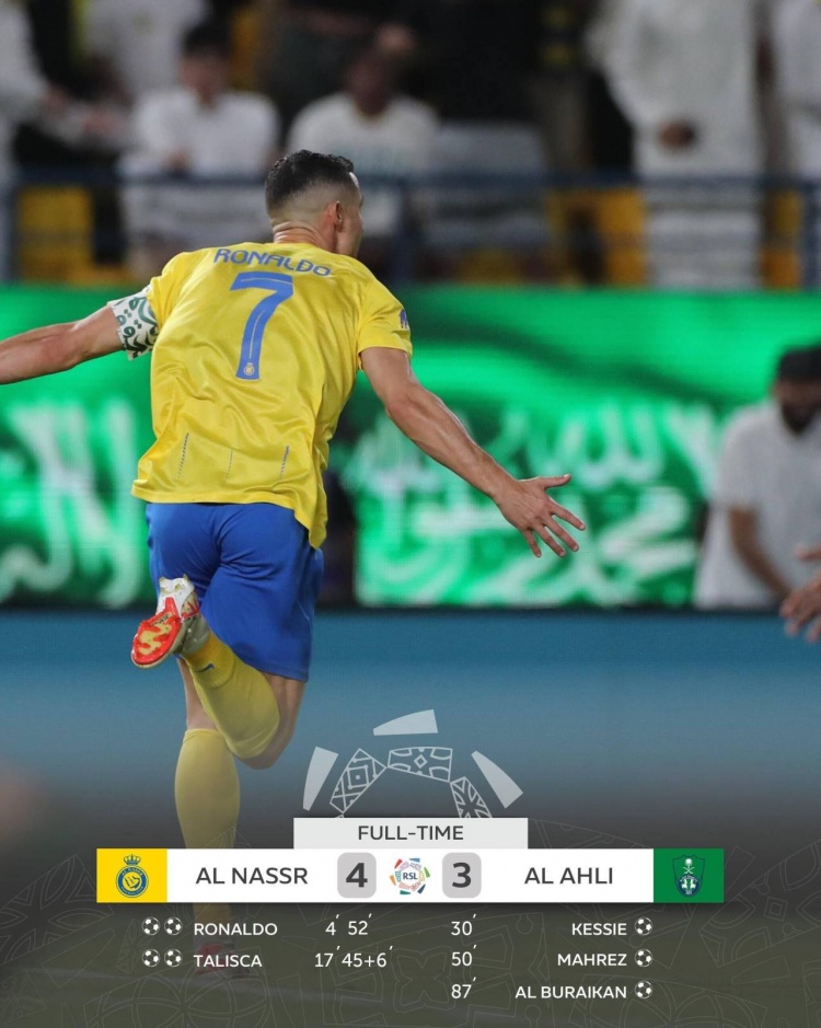利雅得胜利胜吉达国民，沙特联-C罗双响塔利斯卡2球1助攻，连续取得5连胜
