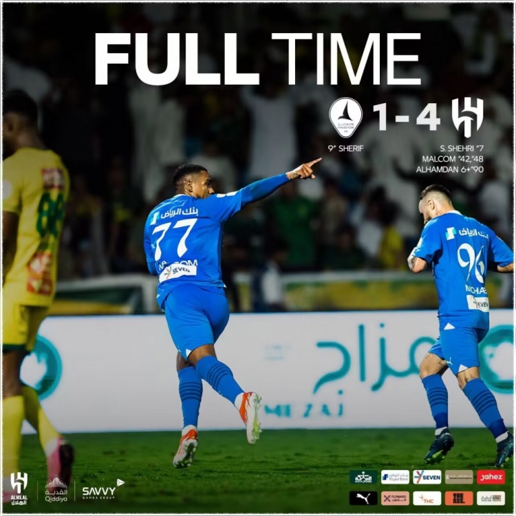 沙特联赛：利雅得新月4-1卡利杰，结束32连胜并以12分领先，马尔科姆梅开二度