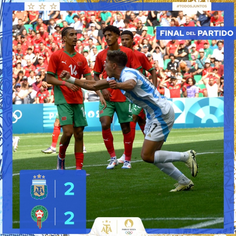 奥运男足-阿根廷连追2球2-2摩洛哥 超长补时 梅迪纳106分钟绝平